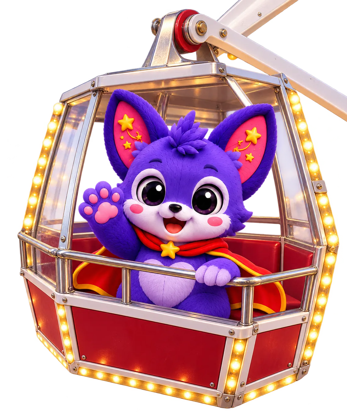 UKI seated inside a Ferris wheel gondola, waving from behind the safety rail