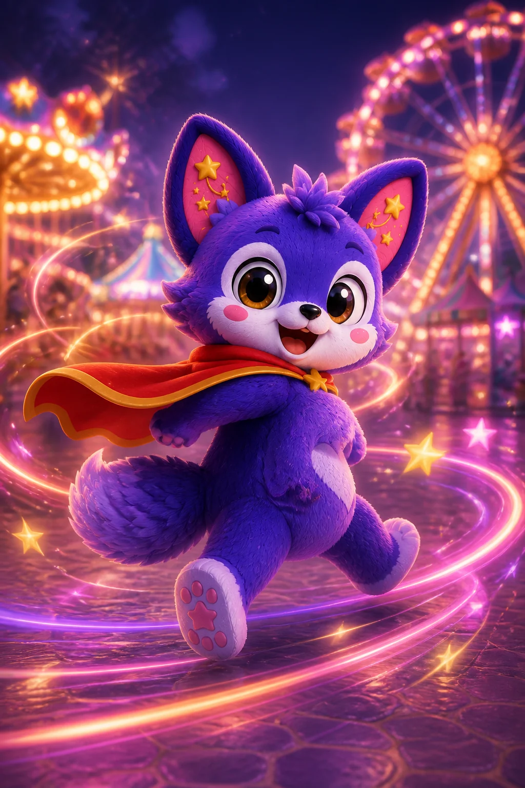 UKI running through the colourful night funfair with a flowing cape