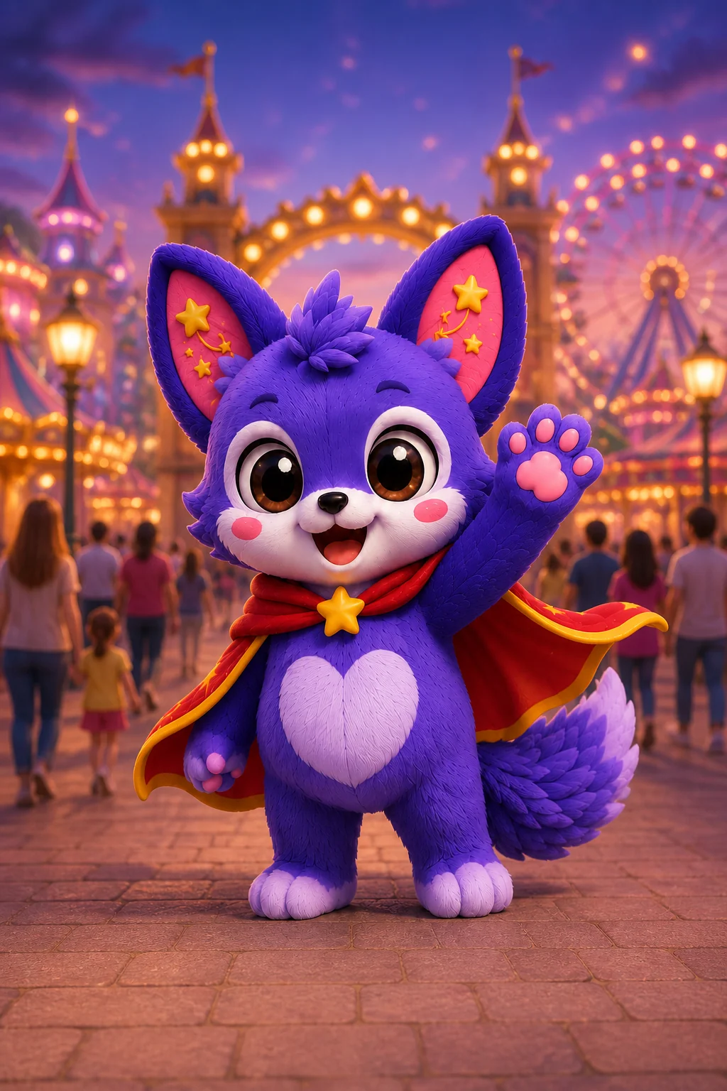 UKI waving hello at the illuminated funfair entrance