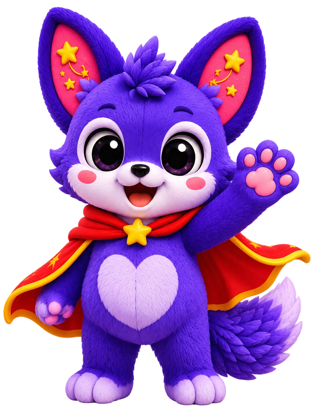 UKI waving hello, with star-patterned ears, a heart-shaped chest and a red-and-gold cape